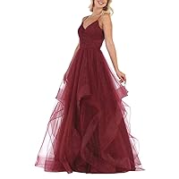 Glitter Tulle Prom Ball Gown Long LayeBurgundy Spaghetti Straps Evening Dresses Burgundy
