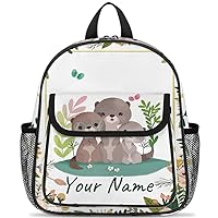 AUUXVA Cute Otters Family Flower Border Custom Toddler Backpack with Name, Personalized Backpack with Text for Kids Boys Girls 3-6 Years Preschool Kindergarten Daycare Bag with Chest Strap