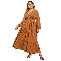 KOJOOIN Women's Plus Size V Neck Wrap Maxi High Waist Ruffle Summer Casual Dress with Belt, Long Sleeve Yellow Mud