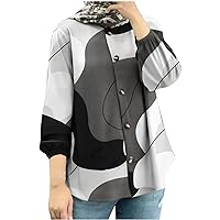 Women's Dressy Blouse Lantern Sleeve Color Block Button Down Shirts Spring Casual Loose Business Work Crewneck Tops