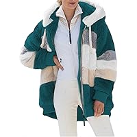 Dokotoo Womens 2023 Winter Fuzzy Fleece Jacket Hooded Color Block Patchwork Cardigan Coats Outerwear with Pockets