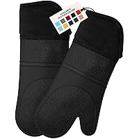 HOMWE Extra Long Professional Silicone Oven Mitt, Oven Mitts with Quilted Liner, Heat Resistant Pot Holders, Flexible Oven Gloves, Black, 1 Pair, 14.7 Inch