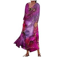 3/4 Sleeve Elegant Long Dresses for Women Marble Printed Plus Size Round Neck Cocktail Party Casual Maxi Dress Pocket