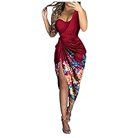 Spring Dresses for Women, Women's Solid Color Sexy Sequin Slit Maxi Smocked One Shoulder Evening Dress
