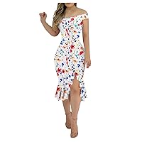 Summer Dress for Women Formal Embroidery V Neck Short Sleeve Jumper Sundress Wrap Ruched Smocked Mini Dresses