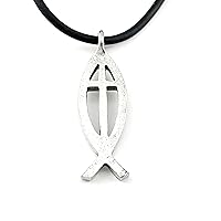 Jesus Fish Large Ichthus Cross Antique Silver Finish Pendant Black Rubber Necklace