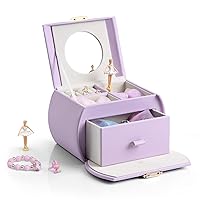 Vlando Ballerina Music Jewelry Box Organizer, Leather Necklaces Rings Hair-Rings Storage Case Holder, Gift for Kids Girls, Purple