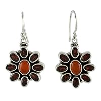 NOVICA Handmade .925 Sterling Silver Garnet Carnelian Flower Earrings Floral with Petals Red Dangle India Birthstone [1.3 in L x 0.7 in W x 0.1 in D] 'Passionate'