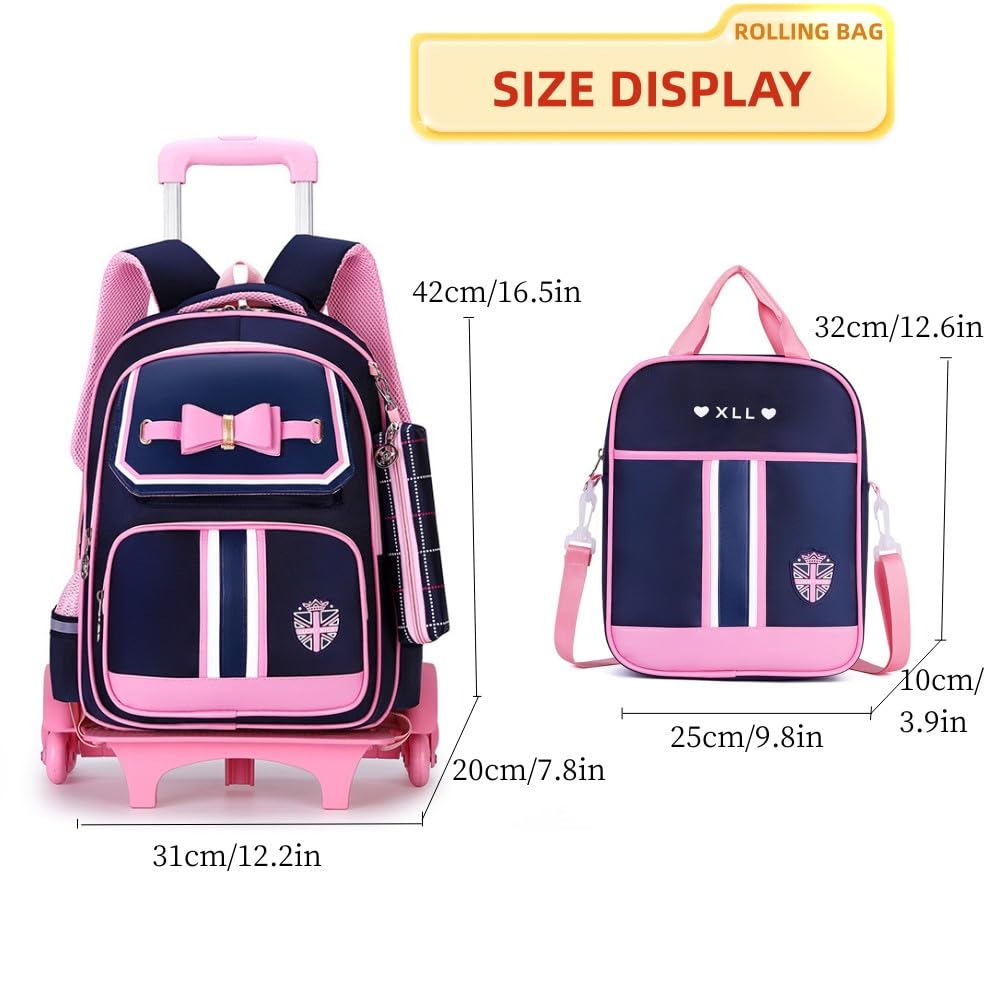 MITOWERMI Rolling Backpack for Girls Cute Trolley Bags Primary School Bookbags with Wheels Kids Carry-On Wheeled Backpack with Lunch Bag