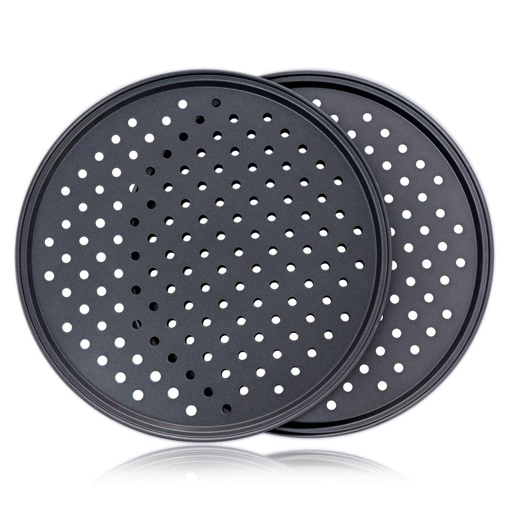 Destinymd Pizza Pan With Holes, 2 Pack Carbon Steel Perforated Non-Stick Tray Tool Crispy 12inch Round for Home Kitchen, Dark Gray