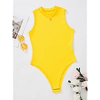 Women's Jumpsuit Solid Mock Neck Rib Knit Bodysuit Without Necklace Jumpsuit Decorall (Color : Yellow, Size : Small)