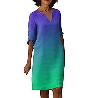 V Neck Dress for Women 2024 Summer Casual Trendy Loose Dress Half Sleeve Vintage Gradient/Floral Print Midi Dress
