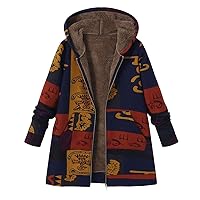 Womens Jacket Coats Ethnic Totem Print Block Vintage Exotic Hooded Fleece Lined Warm Loose Parka Plus Size XXXL