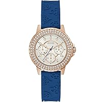 GUESS Ladies Sport Crystal Multifunction 36mm Watch – White Dial Rose Gold-Tone Stainless Steel Case with Blue Silicone Strap