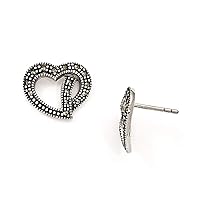 925 Sterling Silver Marcasite Love Heart Post Earrings Measures 12x14mm Wide Jewelry for Women