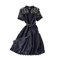 Spring Summer Women's Clothings Pleated Stand Collar Short Sleeve Single Breasted Office Ladydress