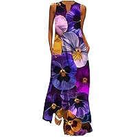 Women 2024 Boho Floral Tank Dress Summer V Neck Maxi Sundresses Fashion Flowy Sleeveless Beach Dress with Pockets
