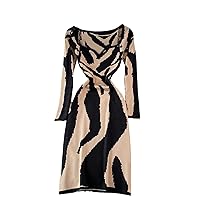 Knitting Bandage Dress for Women Square Collar Long Sleeve High Waist Zebra Print Split Midi Dresses