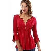 Andongnywell Women's Tunic Top Loose Long Sleeve V Neck Button Up Pleated Shirts Blouse T Shirt Tops