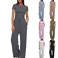 Women's 2 Piece Outfits Comfy Lounge Sets Ruched Short Sleeve Tops and Wide Leg Pants Tracksuit Casual Summer Sets