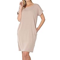 Women's Round Neck Rolled Sleeve Knee Length Tunic Shirt Dress with Pockets (ASH Mocha, 1X)