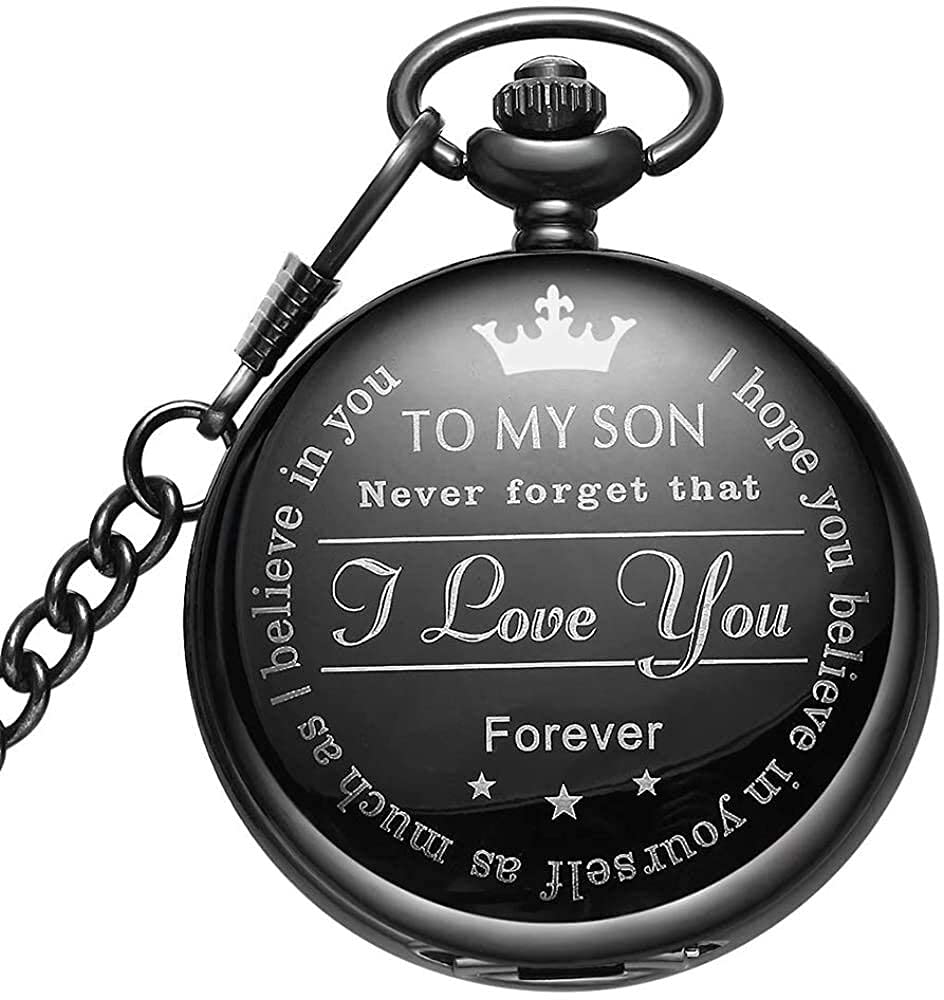 LYMFHCH Personalized Pocket Watch with Chain, Engraved “to My Son” “I Love You” Used for Birthday Christmas Graduation Gifts Pocket Watches