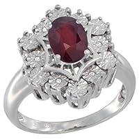 Sterling Silver Natural Enhanced Ruby Ring 7x5 Oval Illusion Diamonds Rhodium finish, sizes 5 - 10