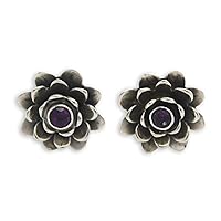 NOVICA Handmade Amethyst Flower Earrings Artisan Crafted Floral Button .925 Sterling Silver Purple Indonesia Bridal Birthstone [0.7 in L x 0.5 in W] 'Lilac Eyed Lotus'