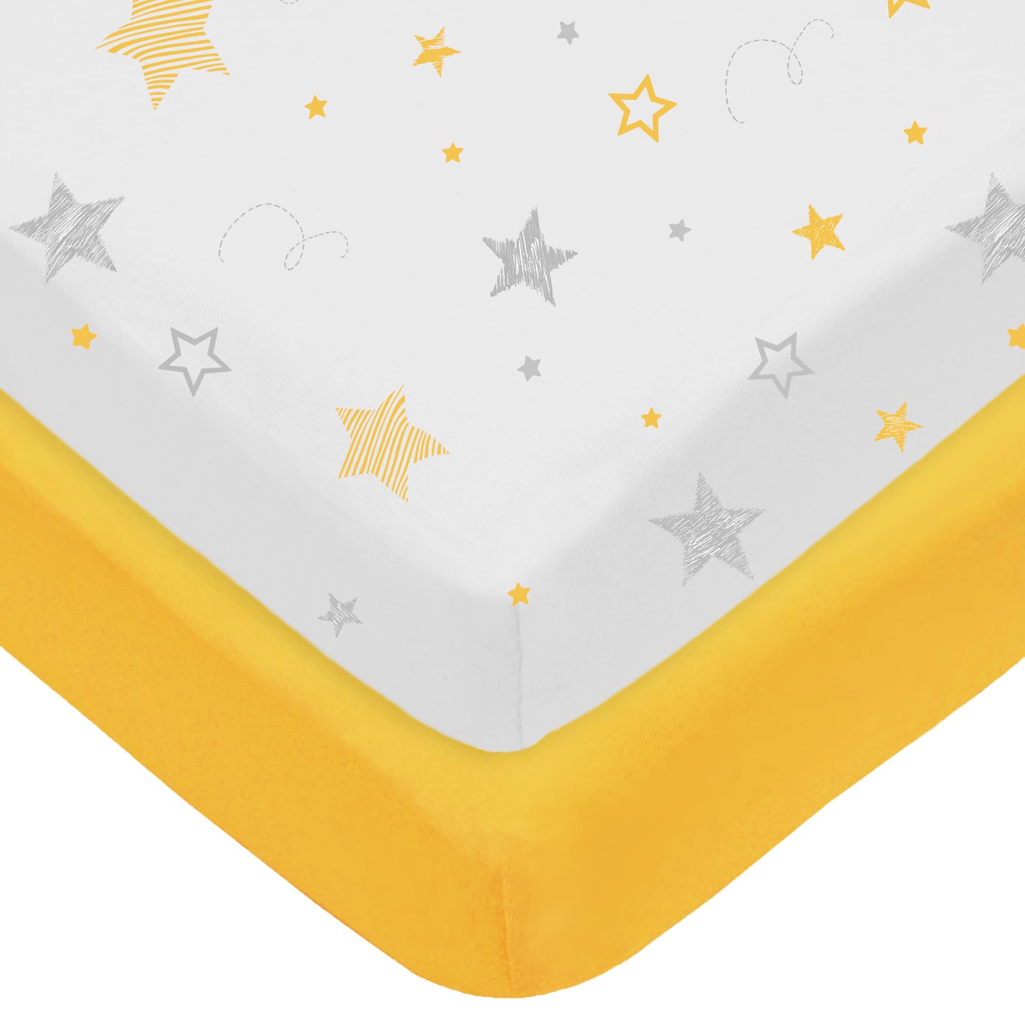 American Baby Company 2 Pack Printed 100% Natural Cotton Value Jersey Knit Fitted Pack N Play Playard Sheet, Golden Yellow Star/Yellow, Soft Breathable, for Boys and Girls
