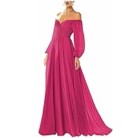 Women's Long Sleeve Prom Dresses V-Neck Pleated A Line Chiffon Off The Shoulder Ball Gown Long Wedding Dress Formal Fuchsia