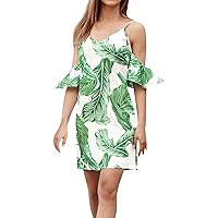 Summer Dresses for Women, Women's Sexy Suspender Ruffle Sleeves Dress V Neck Floral 2024 Trendy, S, XXL