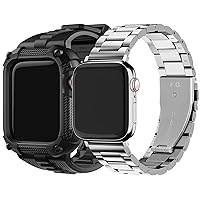 Fullmosa Compatible Apple Watch Stainless Steel Band with Case 44mm Silver & Compatible Apple Watch Silicone Rubber Band 44mm with Screen Protector,Black …