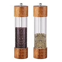 Wooden Pepper And Salt Grinder Set, 8.5 Inch Refillable Manual Spice Shakers Adjustable Roughness with Transparent Window for Chili Coriander Cumin Seeds Rosemary Thyme Sesame (set of two)