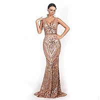 Women's Sequin Dress Deep V Neck Backless Sleeveless Maxi Reflective Dress for Cocktail Evening Party Evening Gown (Color : Gold, Size : X-Large)