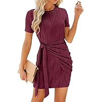 Womens Dresses Summer 2024 Fashion Solid Colour Round Neck Pleated Tie Short Sleeve Knitted Hip Dresses