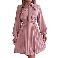 Women's 2023 Formal Maxi Dress Puff Long Sleeve Crewneck Bow Tie A-Line Long Flowy Pleated Wedding Guest Party Dresses