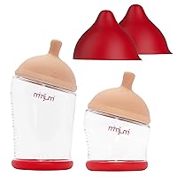 mimijumi Baby Bottle Starter Set (6 pcs.) Anti-Colic Baby Bottles for Breastfed Babies - 4 oz and 8 oz Breastfeeding Bottles, Bottle Travel Caps - Lighter and Darker Bottle Nipples (Lighter)