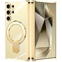 for Samsung Galaxy S24 Ultra Case with Magnetic Stand [Compatible with MagSafe] [Drop Protection][Kickstand] Slim Transparency TPU Protective Phone Cover for Galaxy S24 Ultra - Gold