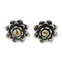 NOVICA Handmade Citrine Flower Earrings Floral .925 Sterling Silver Button Yellow Indonesia Misted Custard Birthstone [0.7 in L x 0.5 in W] 'Golden Eyed Lotus'
