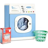 Casdon Blue Electronic Washer - Toy Washing Machine with Spinning Drum, Lights, & Sound Effects - Includes Laundry Basket & Washing Powder Box - Playset for Children Aged 3+