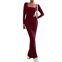 Women's Square Neck Maxi Dress Long Sleeve Bodycon Dresses Elegant Lounge Long Dress Slim Dress