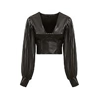 GUESS Women's Long Sleeve Lani Pleated Faux Leather Top