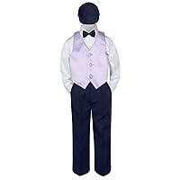 5pc Baby Toddler Kid Boys Navy Pants Hat Bow Tie Lilac Vest Suits Set (2T)