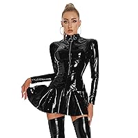 YiZYiF Womens Wet Look Patent Leather Sexy Lingerie Latex Dress Sheer Lace Patchwork Clubwear