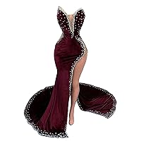 Velvet Prom Dress Beaded Rhinestone Pageant Celebrity Gala Split Evening Party Dress