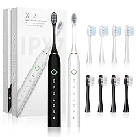 2 Pack Sonic Electric Toothbrush for Adults and Kids, Rechargeable Electric Toothbrushe with 8 Brush Heads, 6 Modes, 2 Minutes Smart Timer, 4 Hours Fast Charge for 45 Days(White-Black)