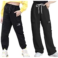 SANGTREE Womens Cargo Pants Elastic Waist Drawstring Multi Pockets Jogger Pants & Wide Leg Loose Trousers, Black, S