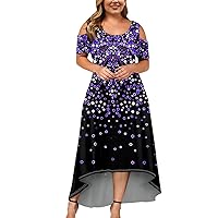 Plus Size Dresses for Curvy Women 2024 Summer Boho Maxi Dress Short Sleeve Cold Shoulder Elegant Flowy Irregular Hem Dress