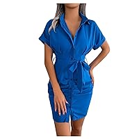 Shirt Dresses for Women Work Dresses for Women 2024 Solid Color Short-Sleeved Waist Pleated Shirt Dress Summer 2024, S-XL