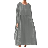 Womens Summer Casual Dresses Plus Size Long Sleeve Crewneck Cotton Linen Shirts Oversized Flowy Beach Maxi Long Dresses